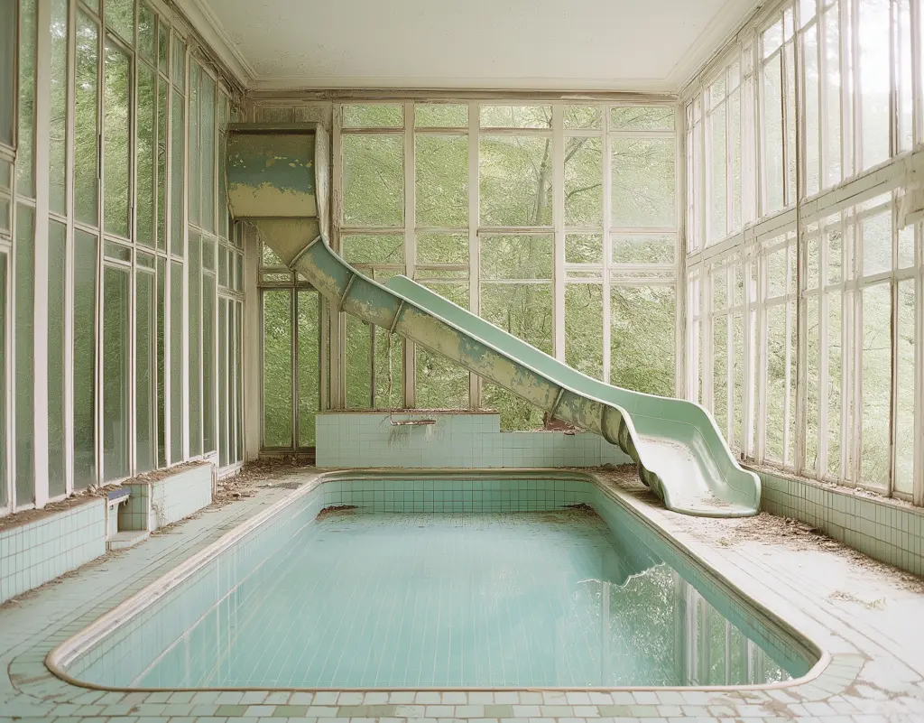 Imaginary abandoned training pool and water slide